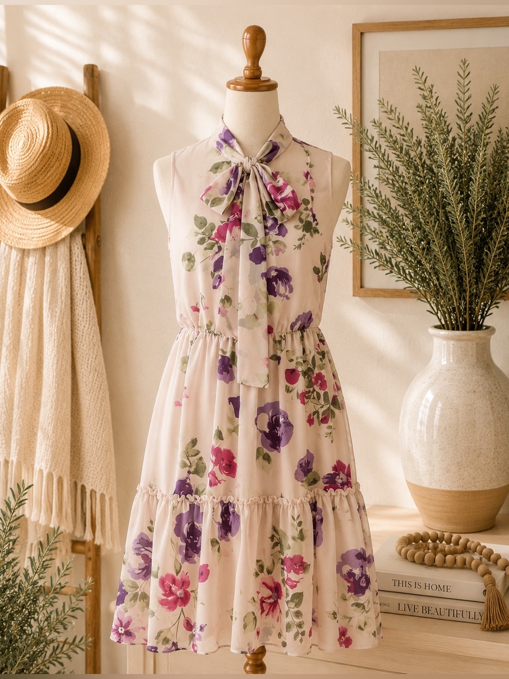 Ralph Lauren Floral Dress Size 8 Feminine Spring Event Tie Neck Reposh EUC